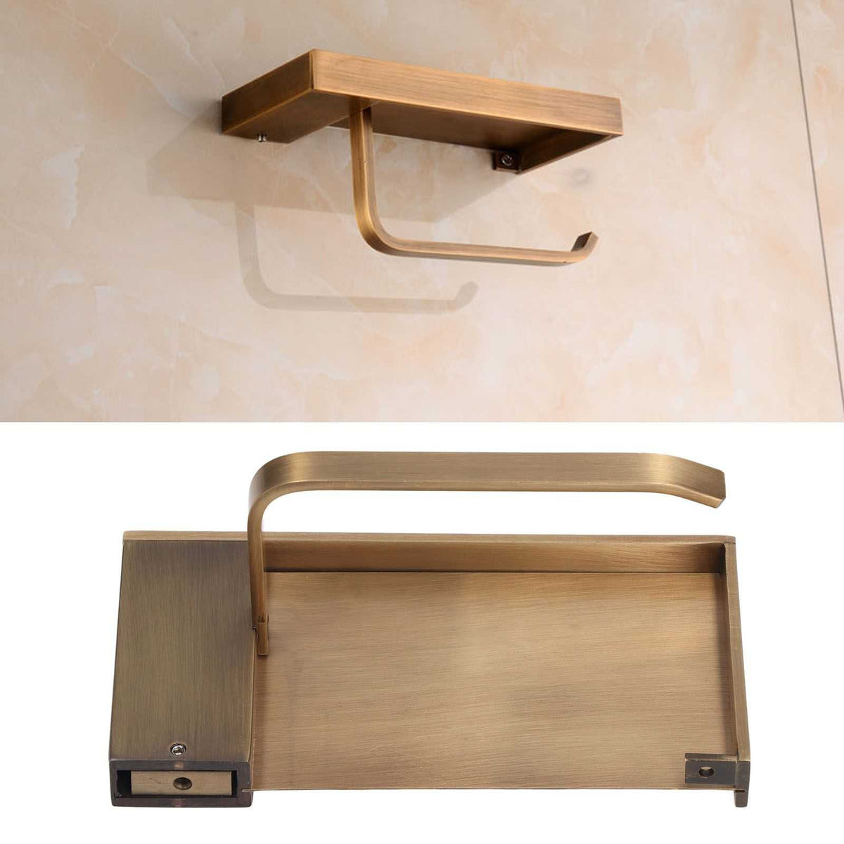 Toilet Paper Holder Phone Shelf in brushed bronze-gold metal, with a wide raised-edge shelf and curved roll holder