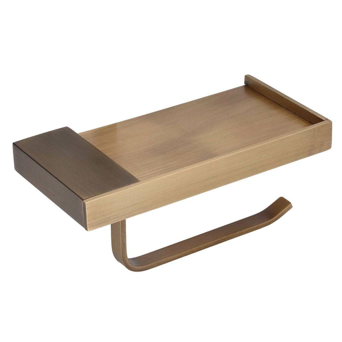 Toilet Paper Holder Phone Shelf in brushed gold metal, featuring a rectangular tray with raised edges and an open-ended paper bar