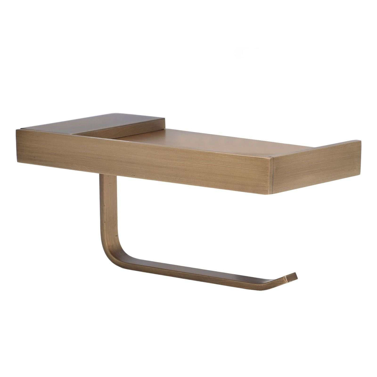 Toilet Paper Holder Phone Shelf in brushed gold metal, with a rectangular raised-edge shelf and curved paper arm
