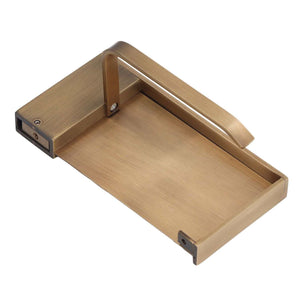Toilet Paper Holder Phone Shelf in brushed gold-tone metal, featuring a broad rectangular tray with raised edges and support arm