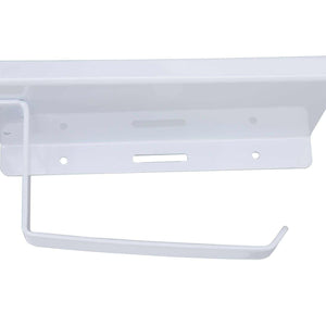 Toilet paper holder with phone shelf in white, featuring a smooth wall-mounted shelf and curved open paper arm