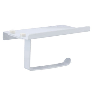 Toilet Paper Holder Phone Shelf in white metal with a flat top shelf, raised curved edge and open toilet roll arm