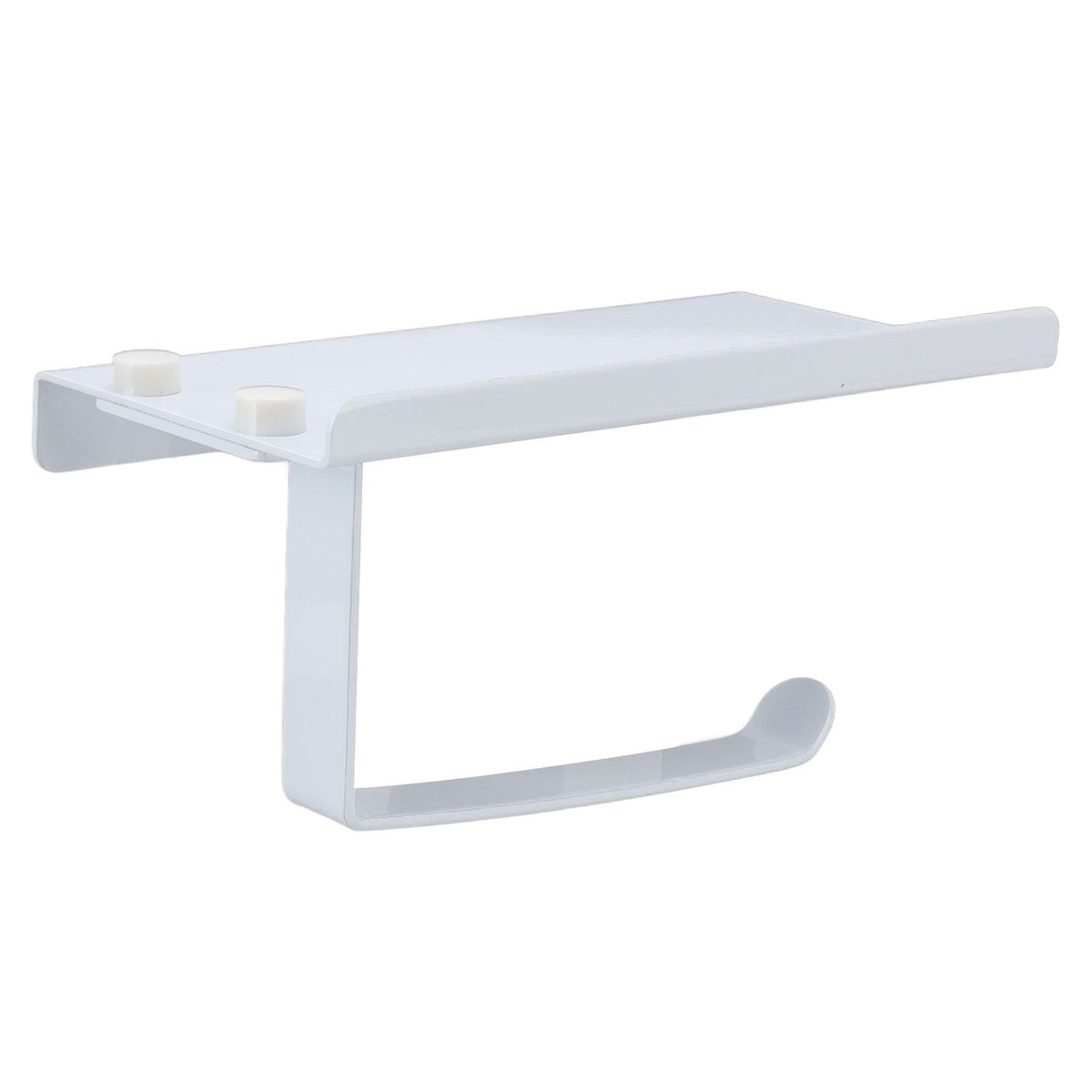 Toilet Paper Holder Phone Shelf in white metal with a flat top shelf, raised curved edge and open toilet roll arm