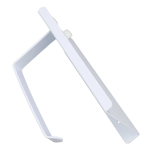 Toilet Paper Holder Phone Shelf in white metal with a flat top ledge, curved edges, and an open toilet roll arm