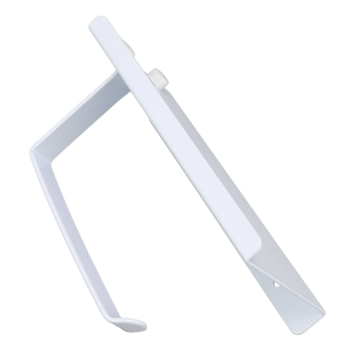 Toilet Paper Holder Phone Shelf in white metal with a flat top ledge, curved edges, and an open toilet roll arm