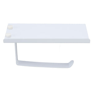 Toilet paper holder with phone shelf in white, featuring a smooth metal design, raised side lip and curved paper arm