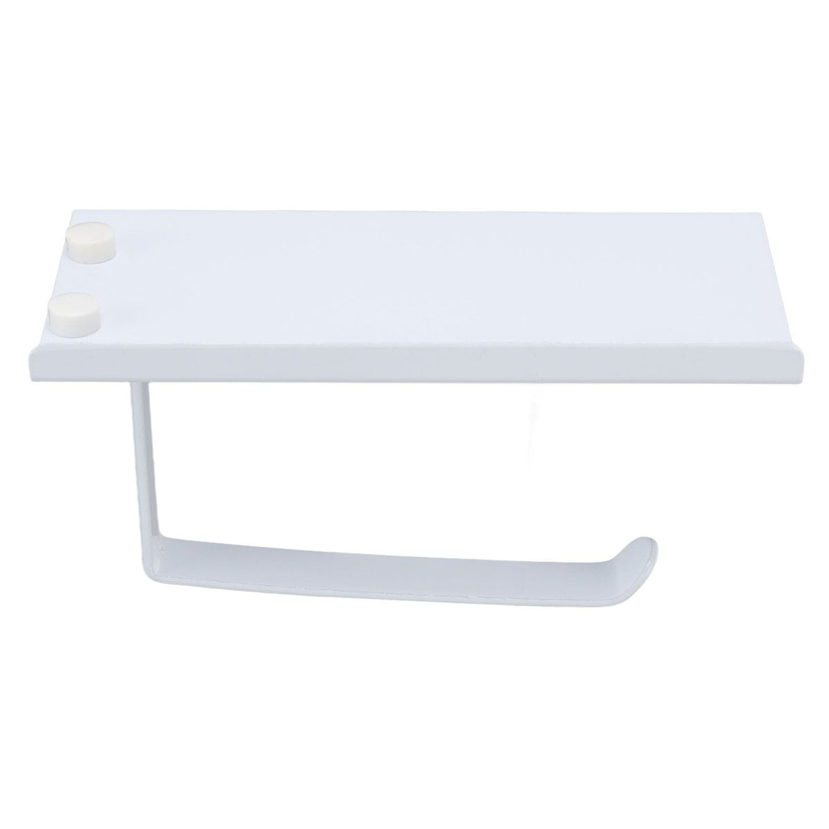 Toilet paper holder with phone shelf in white, featuring a smooth metal design, raised side lip and curved paper arm