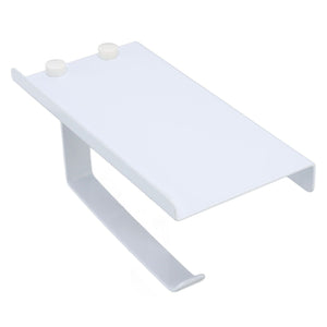 Toilet Paper Holder Phone Shelf in white metal, with a broad flat shelf, raised side edges and curved toilet roll arm