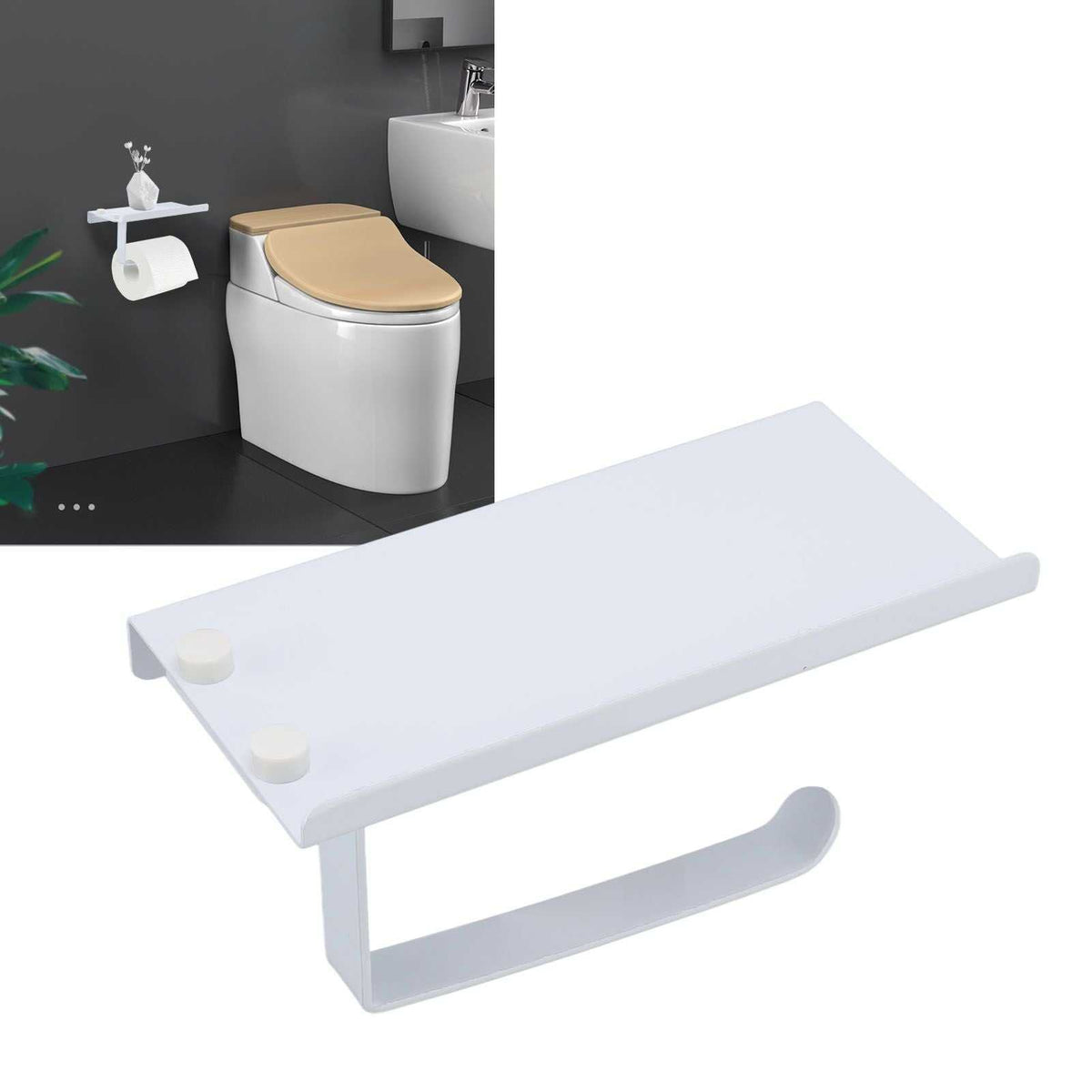 Toilet Paper Holder Phone Shelf in white stainless steel, with a broad flat top shelf, raised edge and curved paper bar