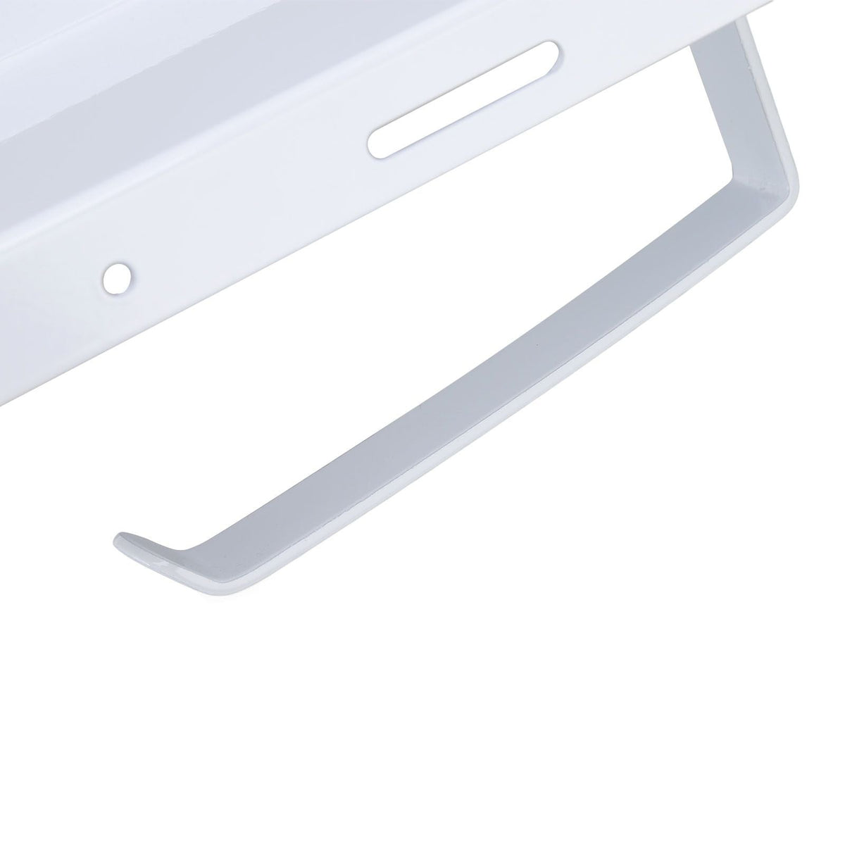 Toilet Paper Holder Phone Shelf in white stainless steel, with a slim curved anti-slip shelf and wall-mount plate