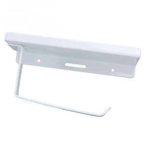 Toilet Paper Holder Phone Shelf in white stainless steel, with a broad curved shelf and open toilet roll bar