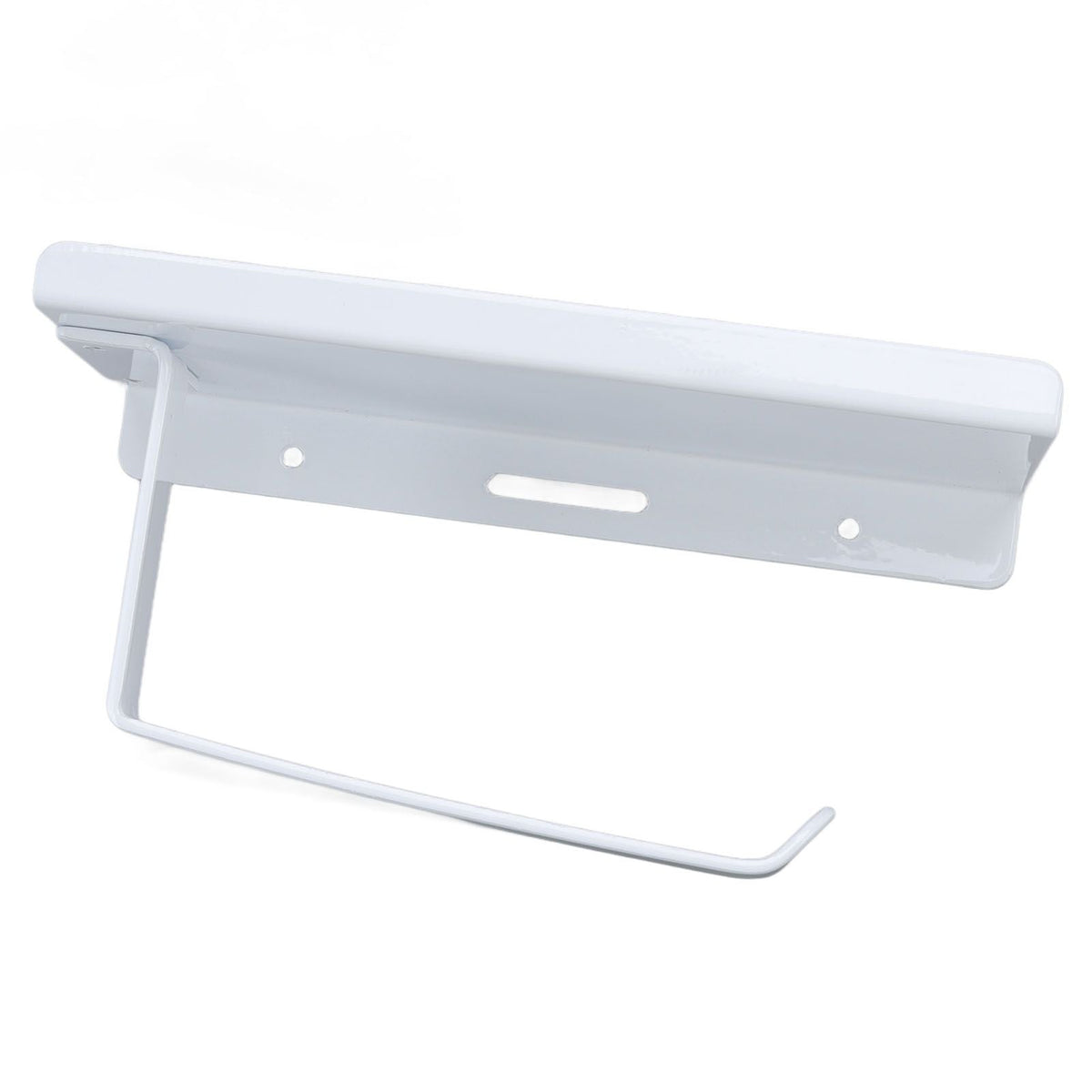 Toilet Paper Holder Phone Shelf in white stainless steel, with a broad curved shelf and open toilet roll bar