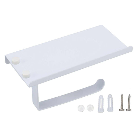 Toilet Paper Holder Phone Shelf in white stainless steel, featuring a wide raised-edge shelf and curved paper arm