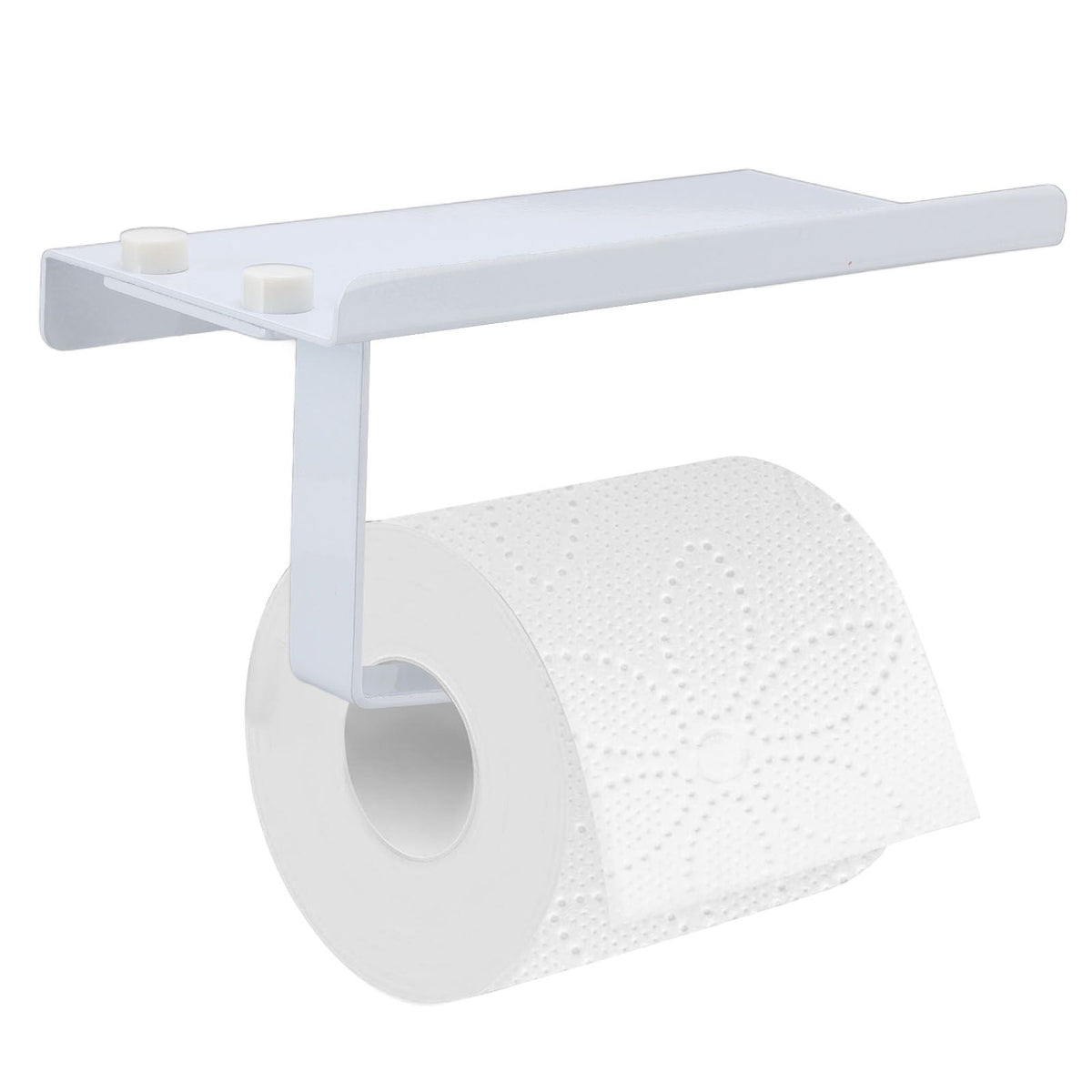 Toilet Paper Holder Phone Shelf in white stainless steel, with a long flat top shelf and hanging toilet roll