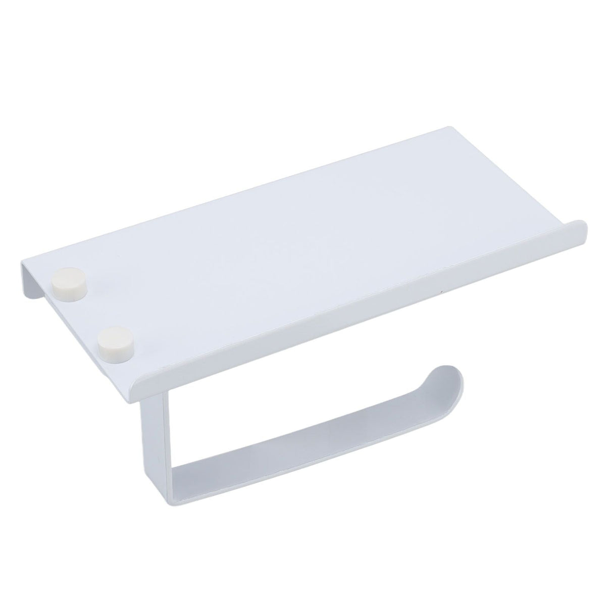 Toilet Paper Holder Phone Shelf in white stainless steel, with a wide flat shelf, raised edge and curved paper arm