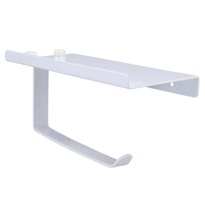 Toilet Paper Holder Phone Shelf in white stainless steel, with a flat top shelf and curved paper-holding arm