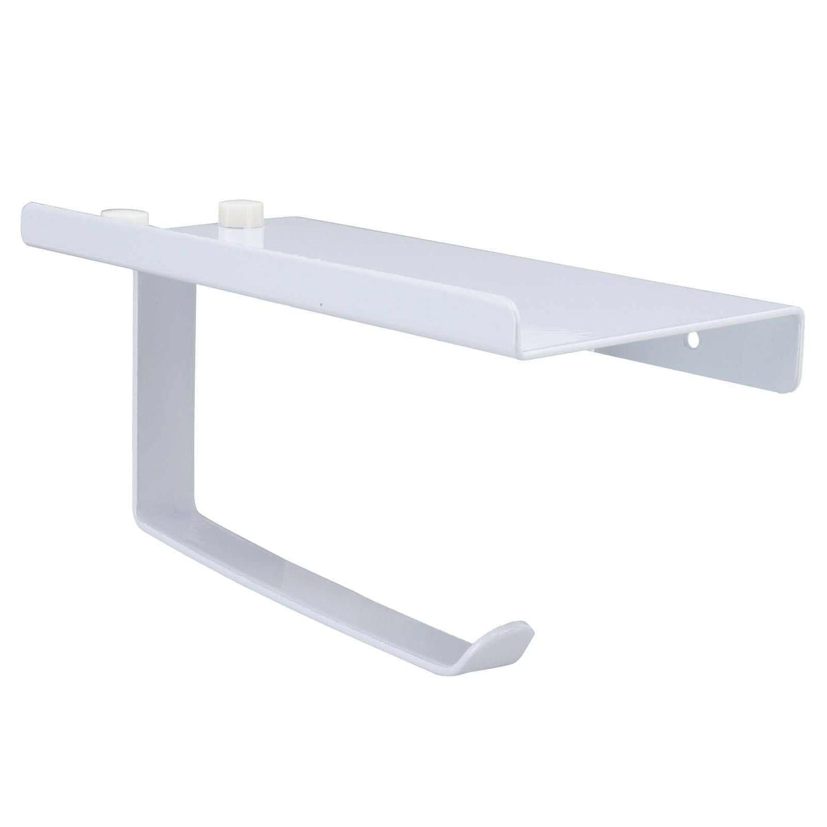 Toilet Paper Holder Phone Shelf in white stainless steel, with a flat top shelf and curved paper-holding arm