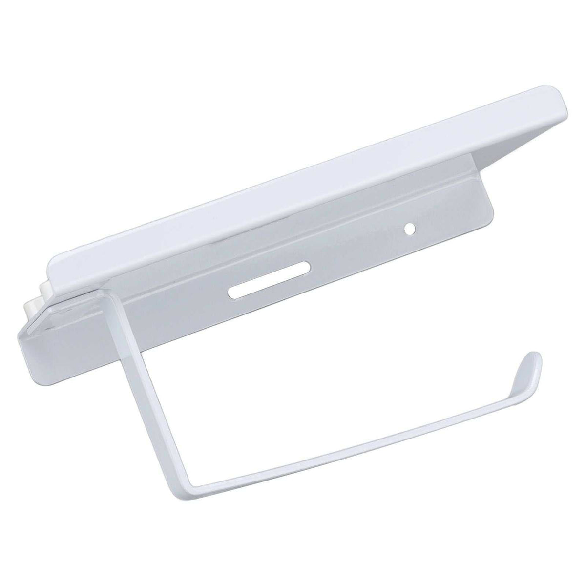Toilet Paper Holder Phone Shelf in white stainless steel, with a long flat shelf and open curved paper-holding bar.