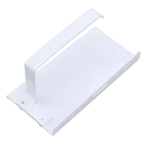 Toilet Paper Holder Phone Shelf in white stainless steel, with a broad flat tray, raised side edges and curved holder arm.