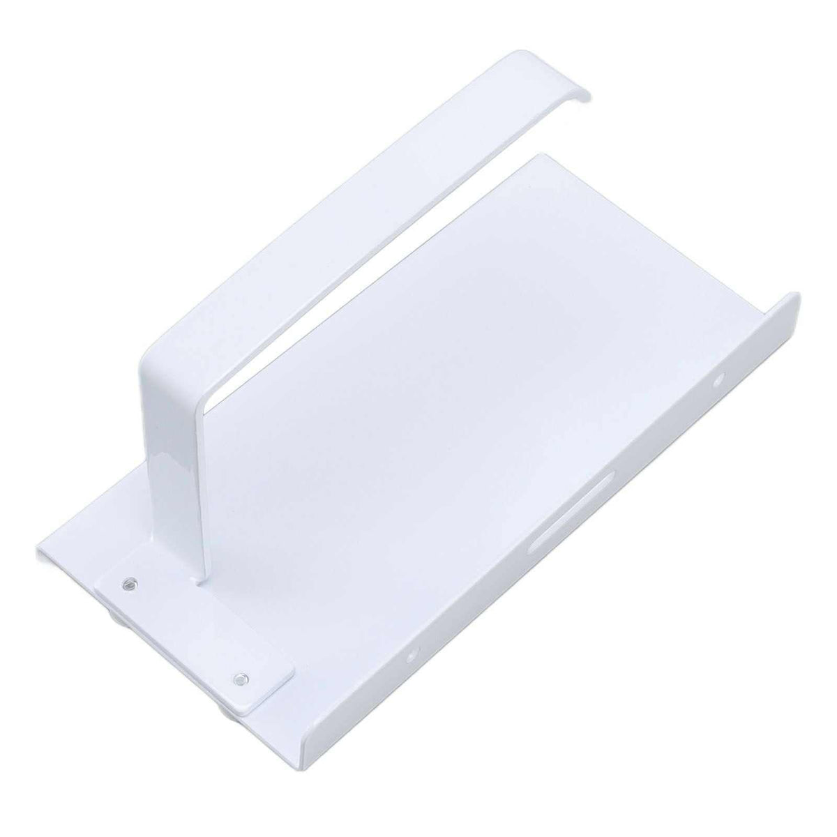 Toilet Paper Holder Phone Shelf in white stainless steel, with a broad flat tray, raised side edges and curved holder arm.