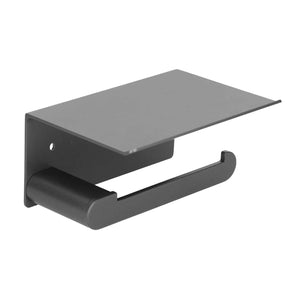 Toilet Paper Holder Stainless Steel in matte black aluminium alloy, with a broad top shelf and single roll bar.