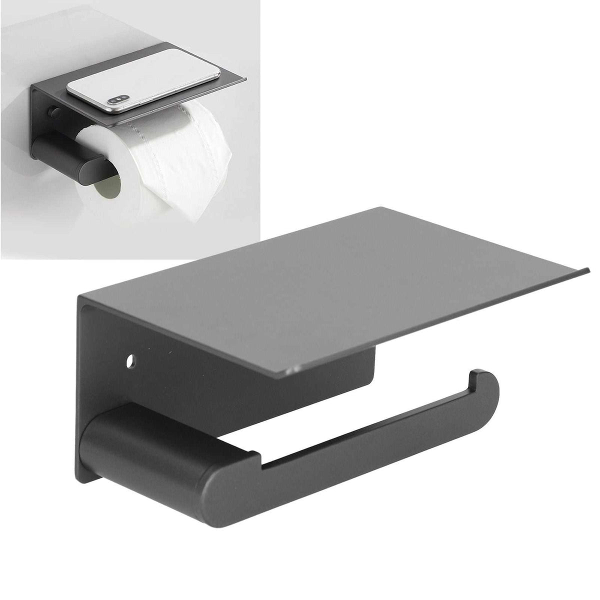 Toilet Paper Holder Stainless Steel with a matte black metal finish, flat phone shelf and single roll bar.