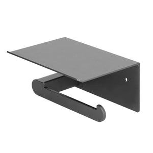 Toilet Paper Holder Stainless Steel in matte black metal with a flat top shelf and single open-ended roll bar