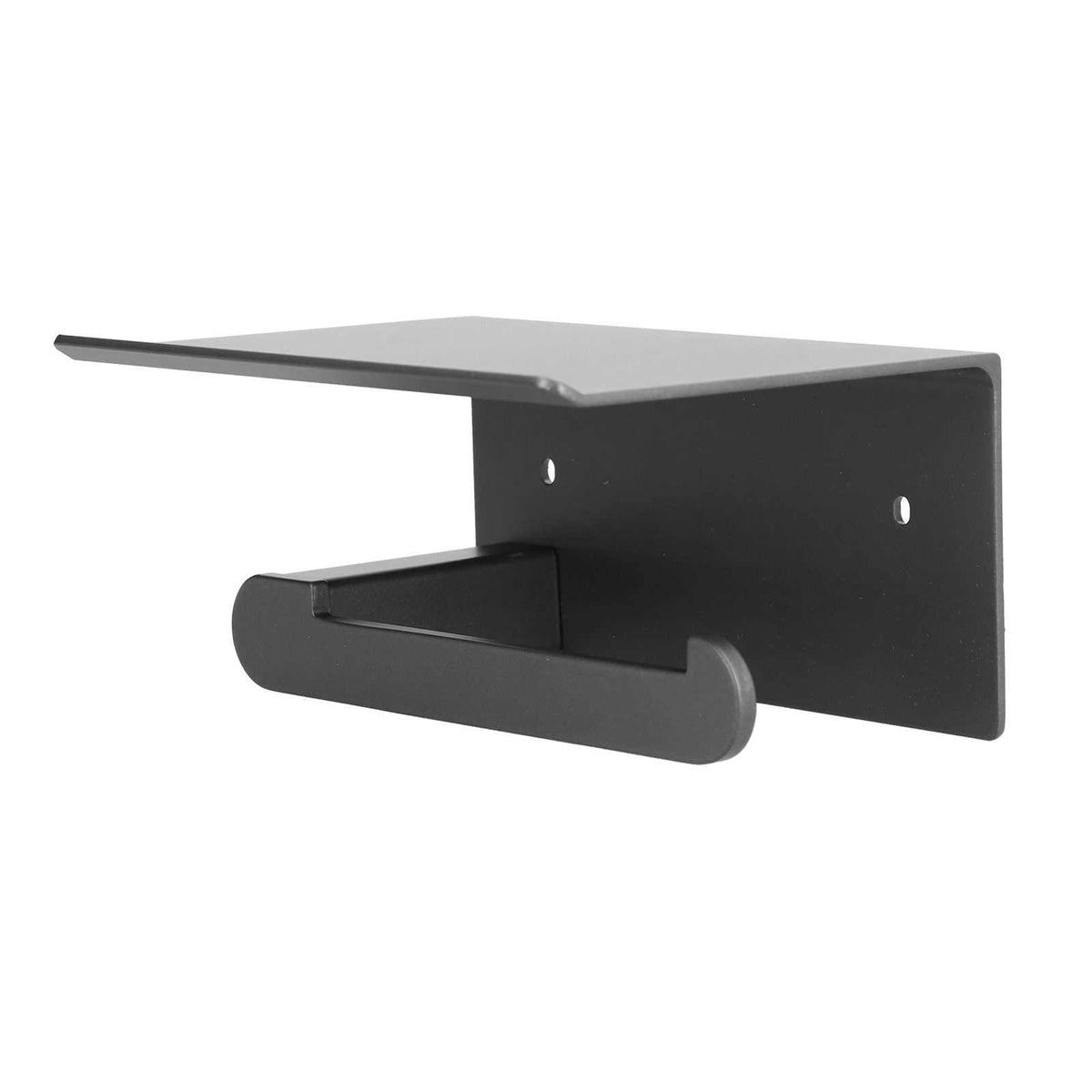Toilet paper holder in matte black metal with a slim top shelf, single rounded roll bar and two mounting holes. Toilet Paper Holder Stainless Steel