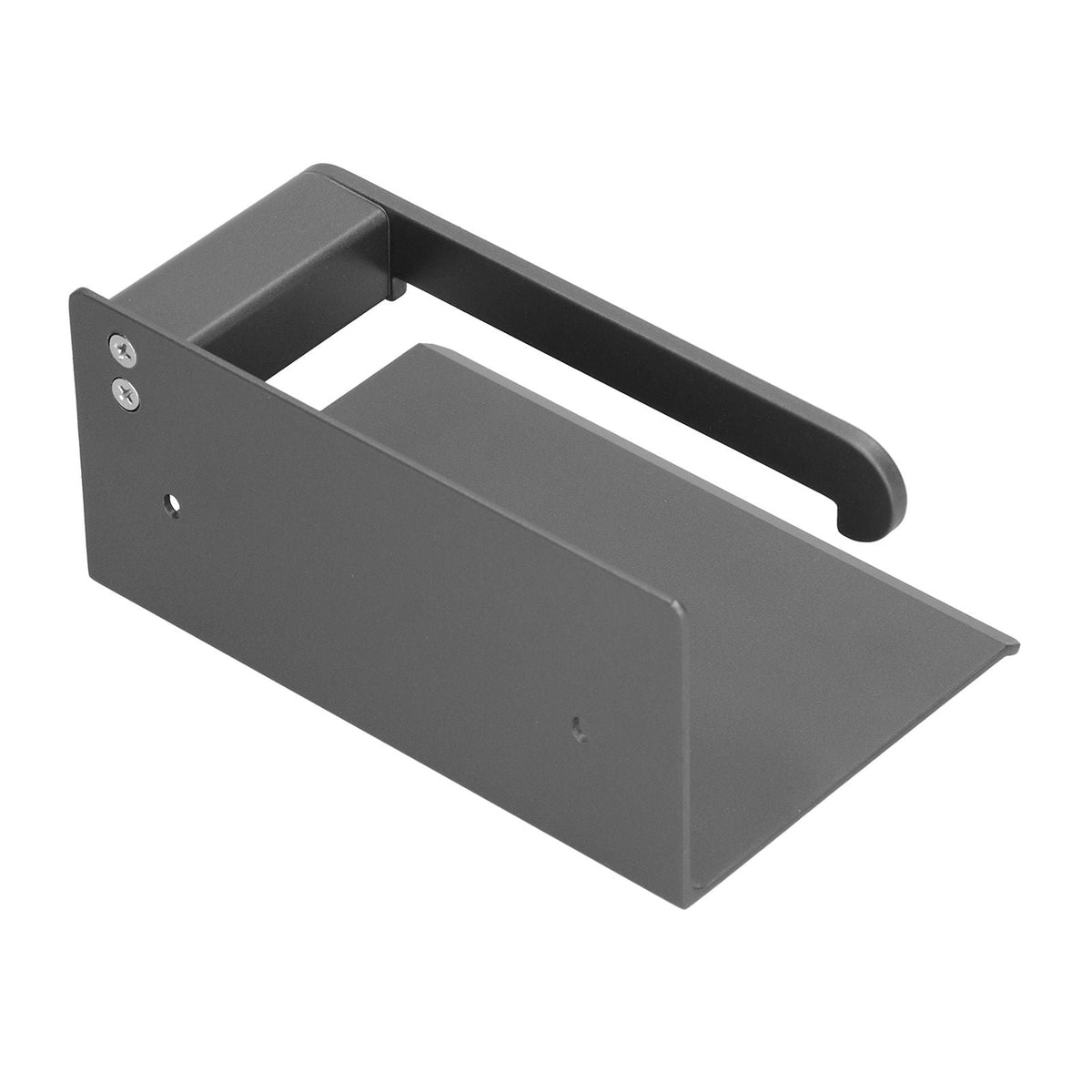 Toilet Paper Holder Stainless Steel in matte black metal with a broad integrated shelf and single roll arm