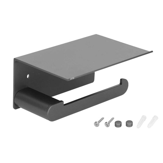 Toilet Paper Holder Stainless Steel in matte black metal, featuring a broad shelf and single roll arm with mounting hardware