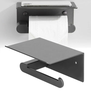 Toilet Paper Holder Stainless Steel in matte black metal, with a flat shelf and a single roll bar beneath