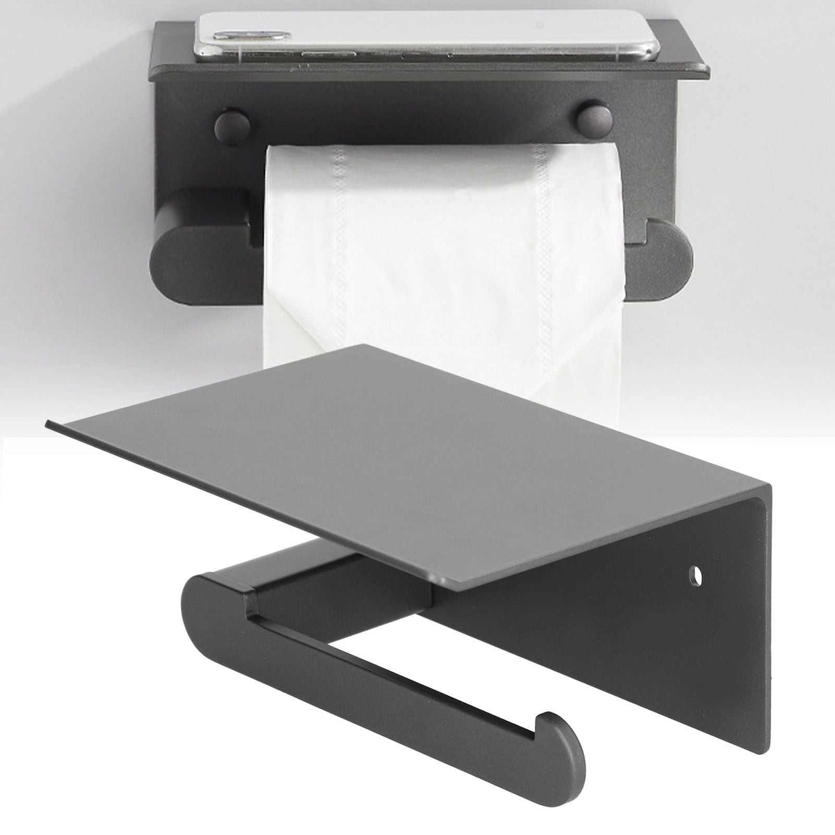 Toilet Paper Holder Stainless Steel in matte black metal, with a flat shelf and a single roll bar beneath