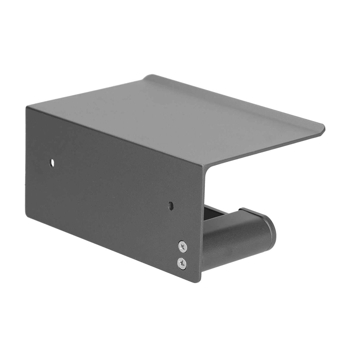 Toilet Paper Holder Stainless Steel in matte black metal with a flat shelf and single cylindrical roll holder