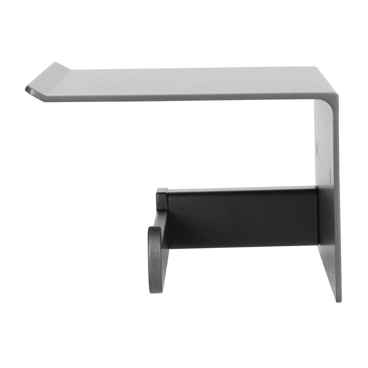 Toilet Paper Holder Stainless Steel with a matte black horizontal roll bar and broad brushed silver shelf