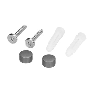Toilet Paper Holder Stainless Steel mounting kit with two silver screws, white wall anchors and grey decorative caps