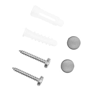Toilet Paper Holder Stainless Steel wall-mounting kit with two silver screws, round caps and white wall anchors
