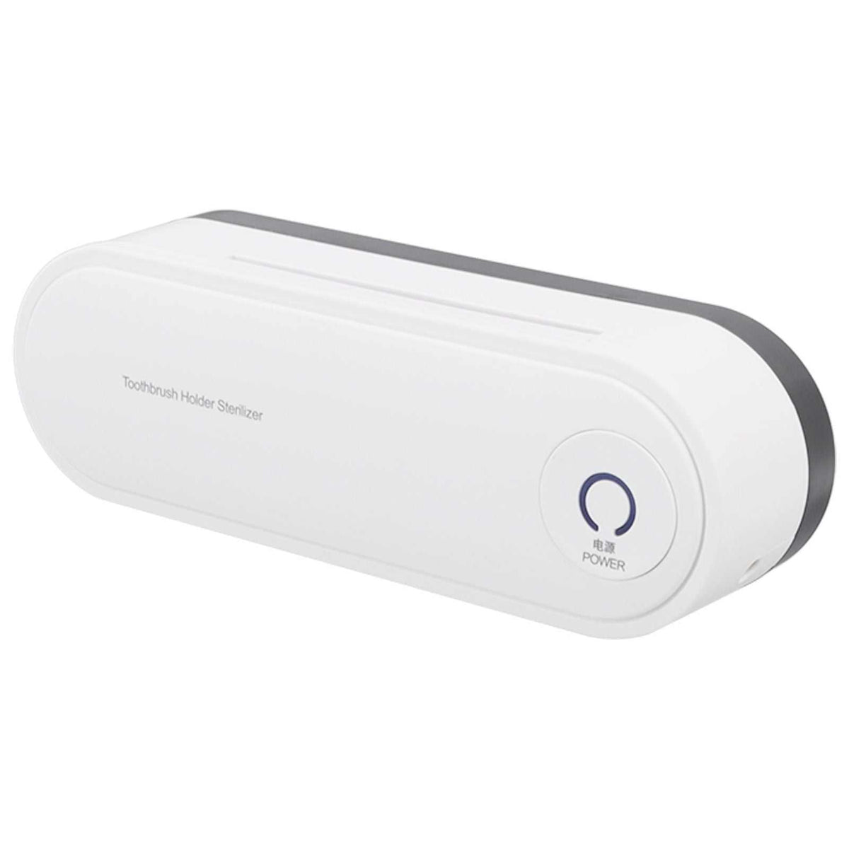 Toothbrush Holder Drying unit in white ABS with a rounded rectangular case, dark trim and circular power button