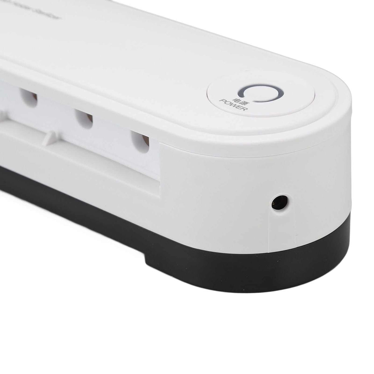 Toothbrush Holder Drying unit in white ABS plastic with a rounded body, black base, power button and holder slots