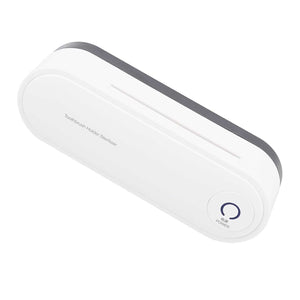 Toothbrush Holder Drying unit in white ABS with a slim rounded body, dark grey trim and circular power button