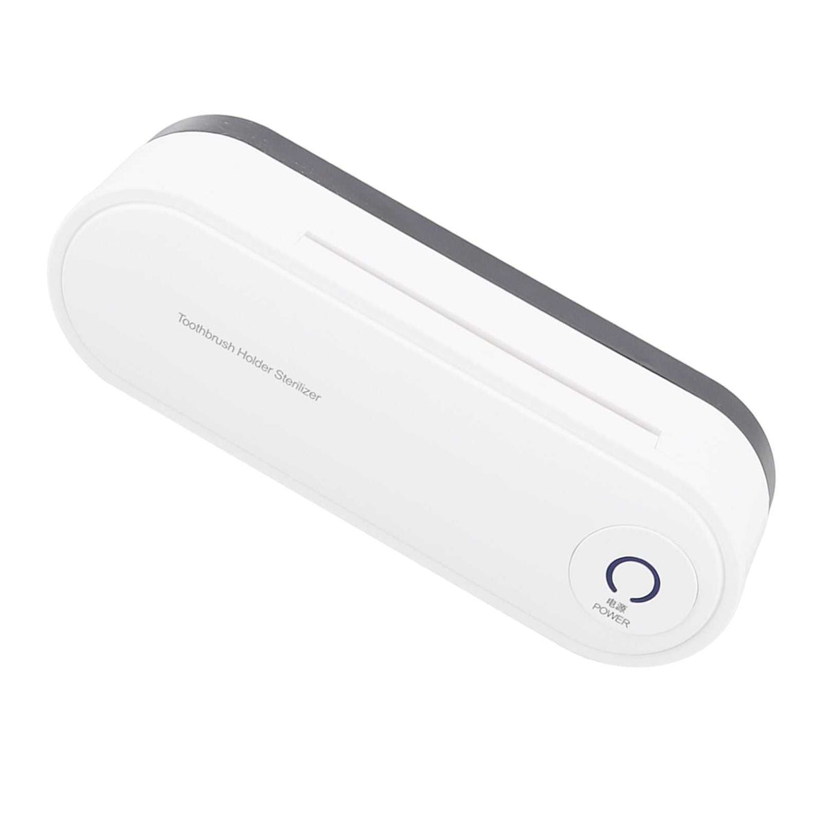 Toothbrush Holder Drying unit in white ABS with a slim rounded body, dark grey trim and circular power button