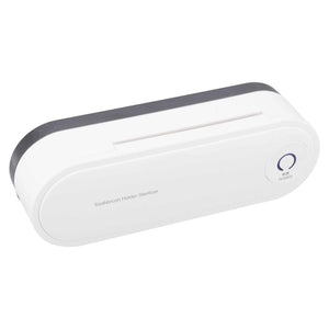 Toothbrush Holder Drying unit in white ABS, with a rounded rectangular housing, slim top slot and circular power button