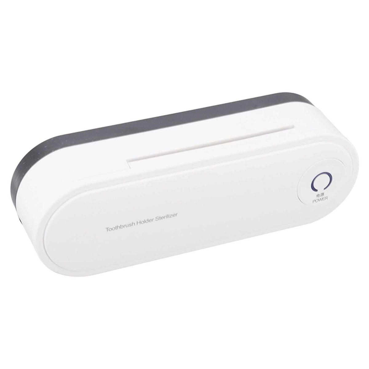 Toothbrush Holder Drying unit in white ABS, with a rounded rectangular housing, slim top slot and circular power button