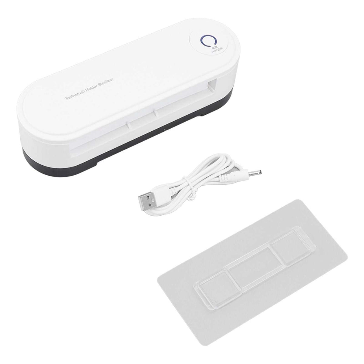 Toothbrush Holder Drying unit in white ABS with rounded edges, dark base trim, USB cable and adhesive wall mount