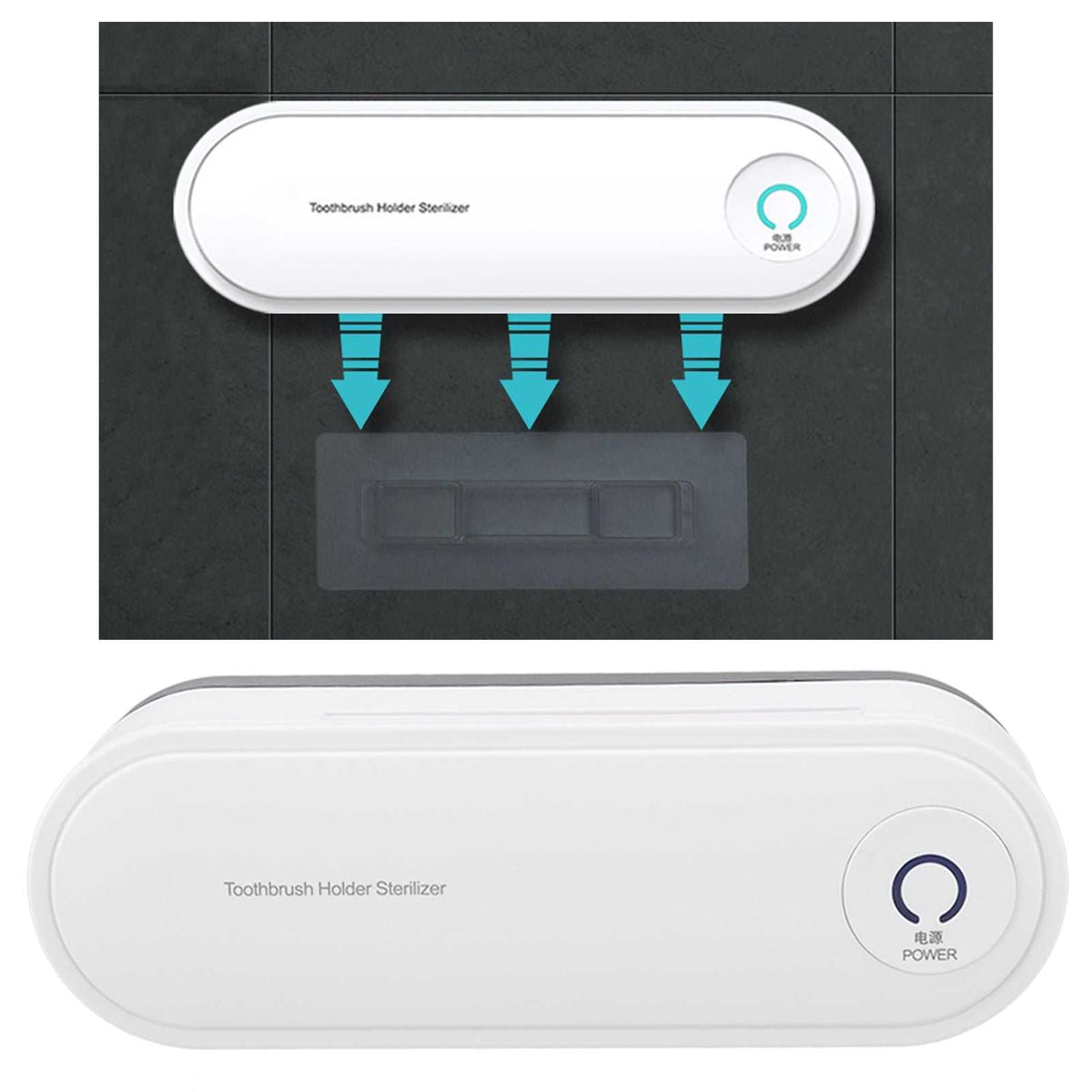 Toothbrush Holder Drying unit in white ABS plastic with a rounded rectangular shape, power button and drying vents