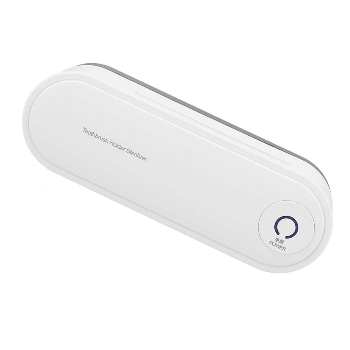 Toothbrush Holder Drying unit in a white elongated ABS casing with rounded ends, slim profile and power button