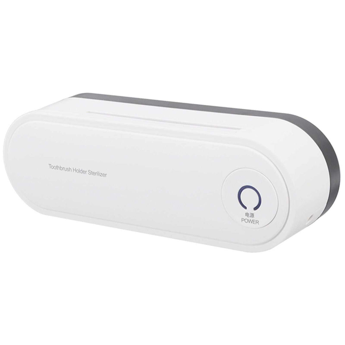 Toothbrush Holder Drying unit in white plastic with a slim rounded rectangular case and circular power button