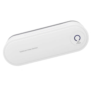 Toothbrush Holder Drying unit in white plastic, with a slim rounded rectangular case and circular power button