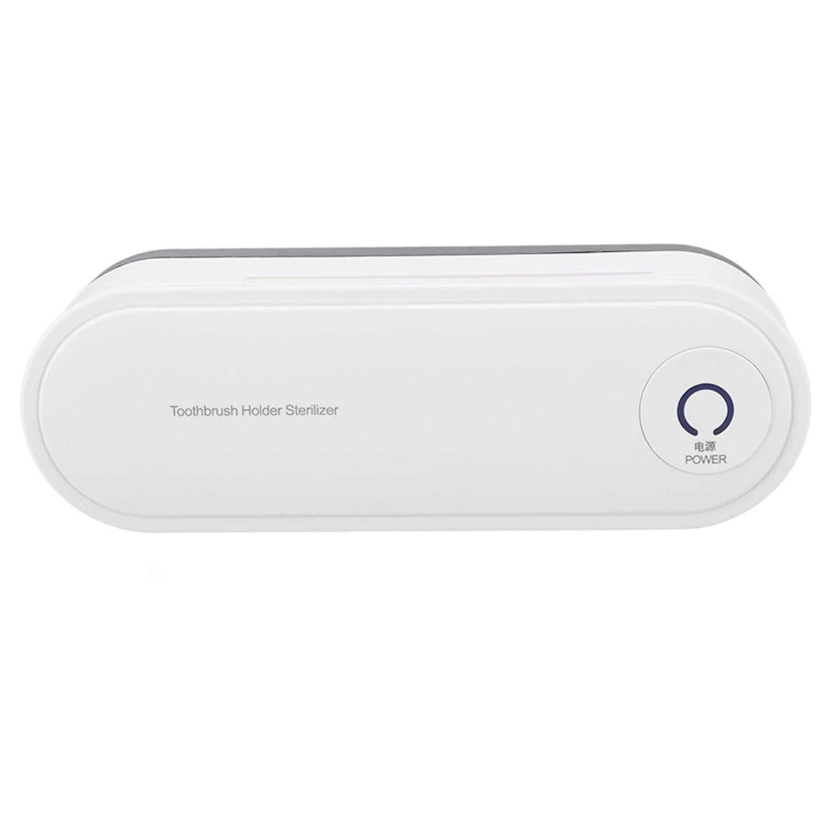 Toothbrush Holder Drying unit in white plastic with a slim rounded rectangular case and circular power button