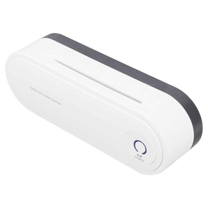 Toothbrush Holder Drying unit in white ABS plastic with a slim wall-mounted case, dark trim and circular power button