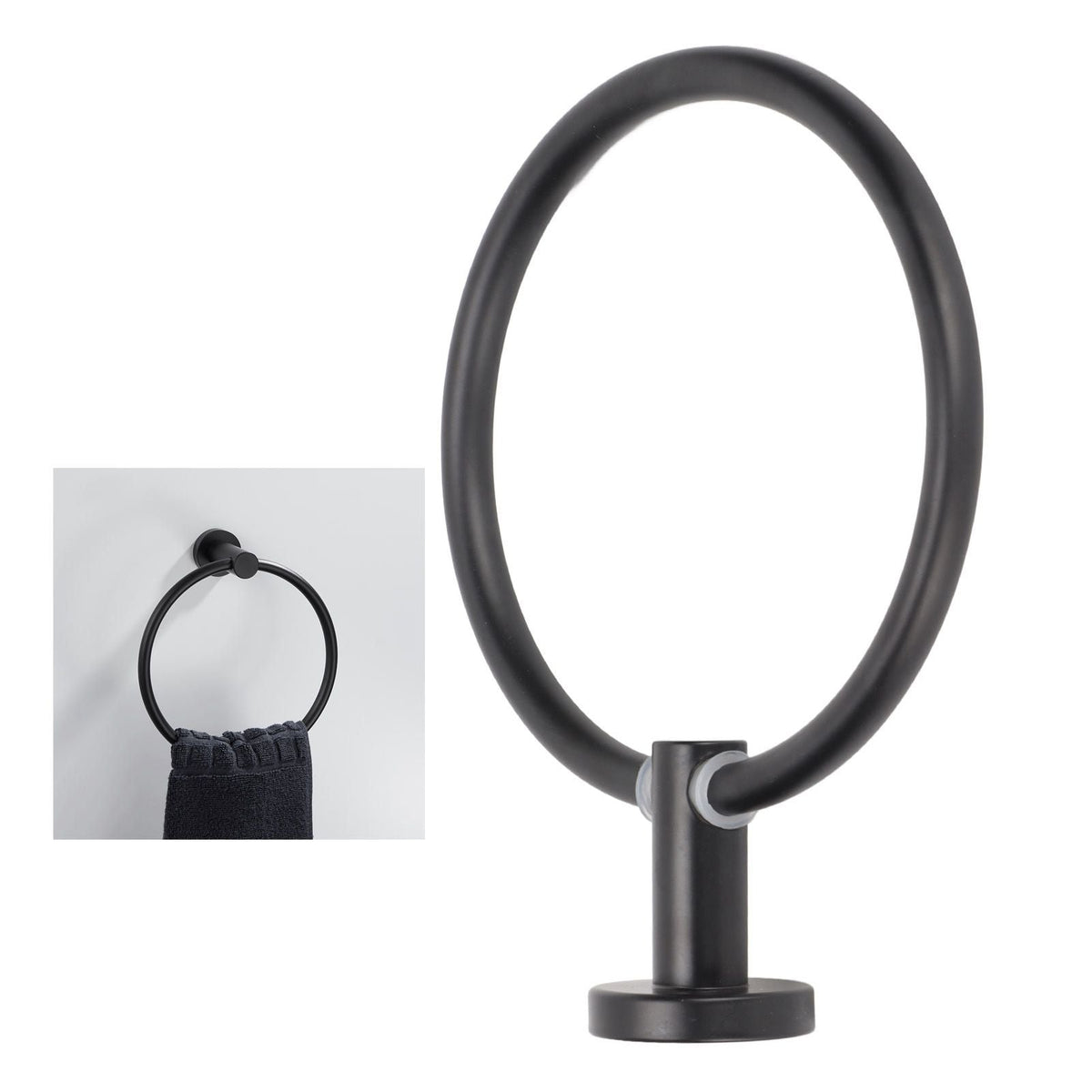 Towel Ring Space Aluminum wall-mounted holder in matte black metal, with a smooth round ring and compact circular base.
